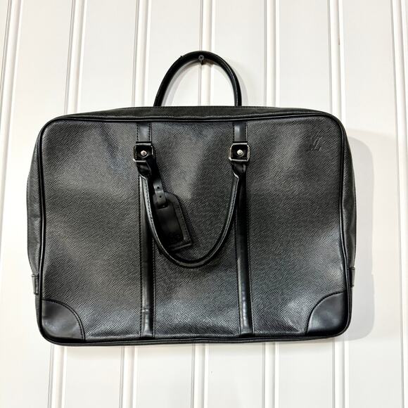 LOUIS VUITTON Authentic Men's Business Bag Briefcase Leather Black Round Zipper - Picture 1 of 8